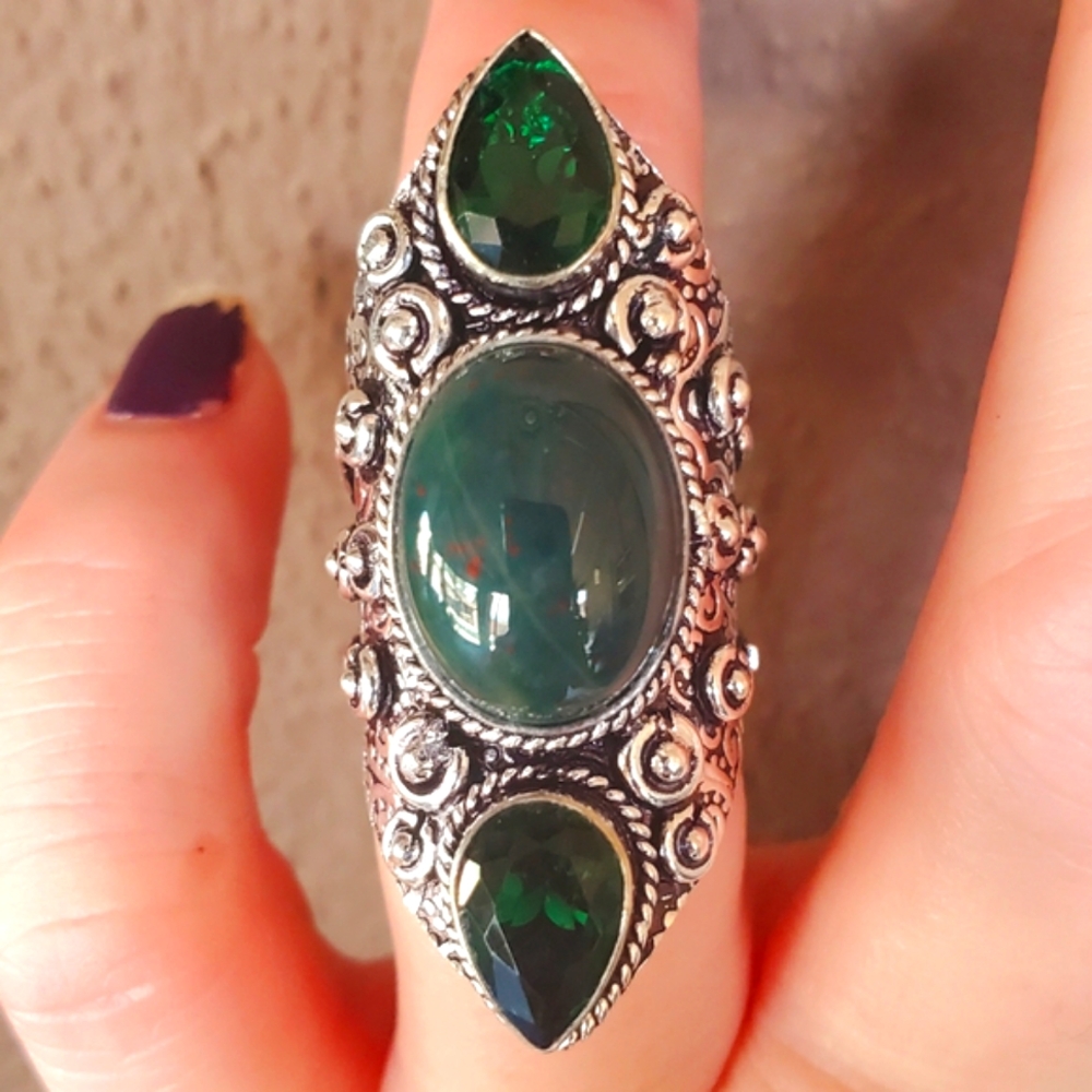 New Bloodstone & Peridot 925 Silver Statement Ring.